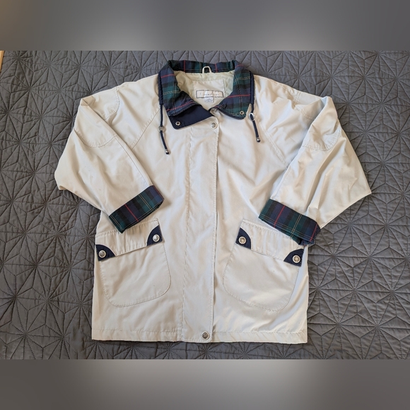 VTG 1 Madison Cream Plaid Tartan Collar Rain Trench Jacket L - Preppy Nautical - Picture 1 of 9